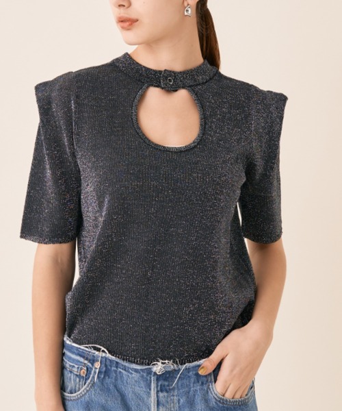 Solace（ソレイス）の「ハーフスリーブラメニット（ニット/セーター・レディース・ブラック/ベージュ・FREE）」の5枚目の写真