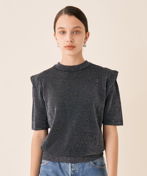 Solace（ソレイス）の「ハーフスリーブラメニット（ニット/セーター・レディース・ブラック/ベージュ・FREE）」の8枚目の写真