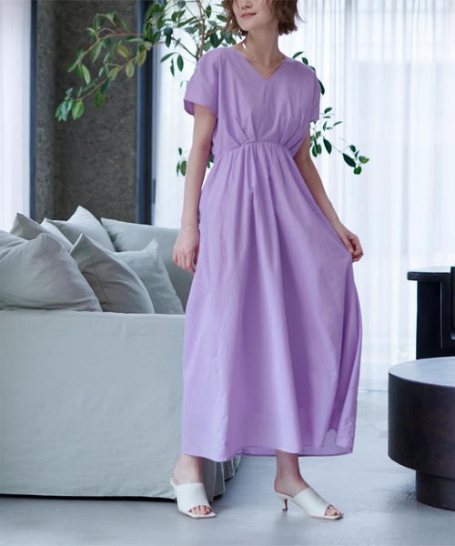 コットンＶネックフレンチスリーブワンピース