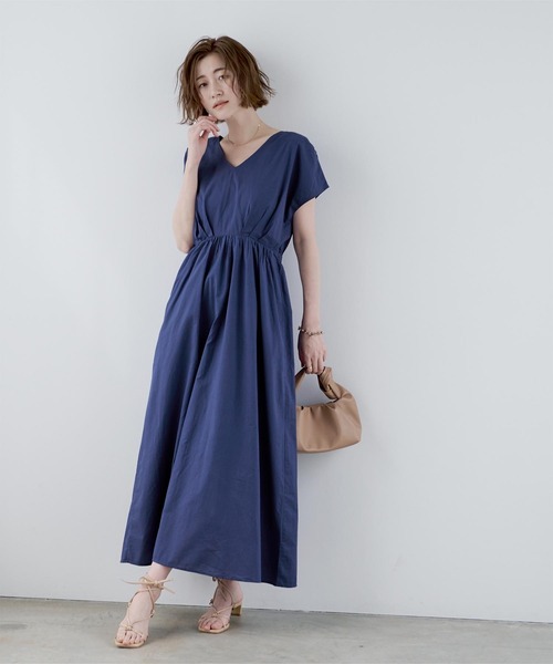 コットンＶネックフレンチスリーブワンピース