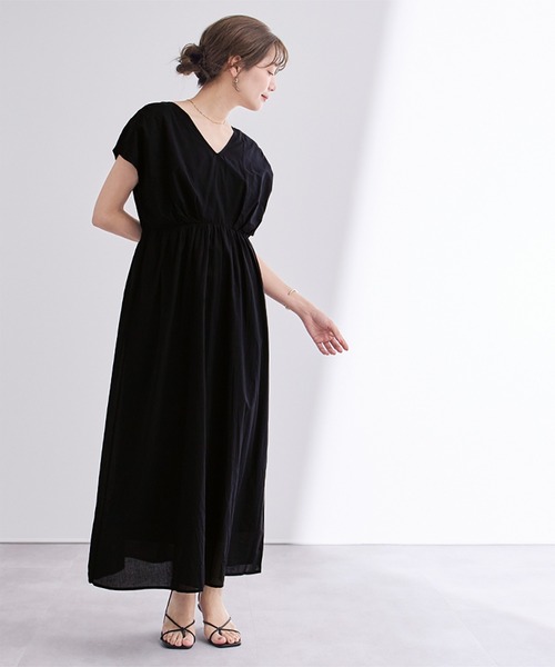 コットンＶネックフレンチスリーブワンピース