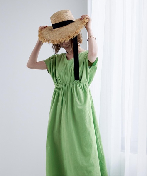 コットンＶネックフレンチスリーブワンピース