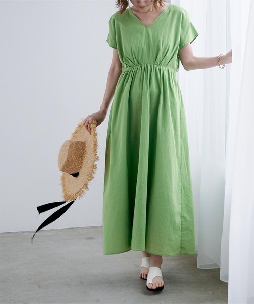 コットンＶネックフレンチスリーブワンピース
