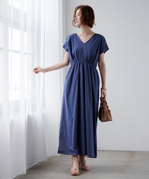 コットンＶネックフレンチスリーブワンピース