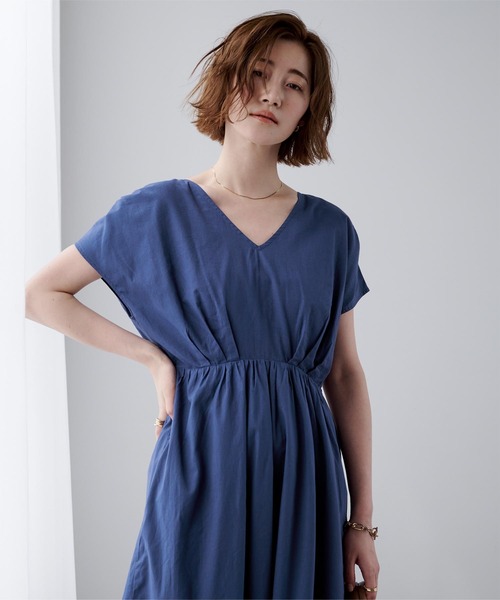 コットンＶネックフレンチスリーブワンピース