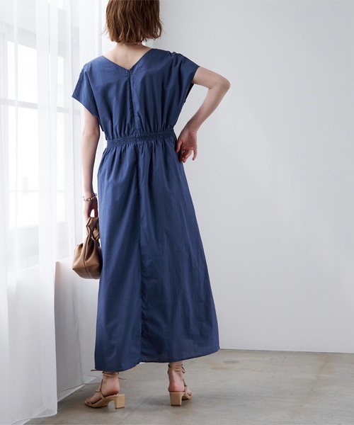 コットンＶネックフレンチスリーブワンピース