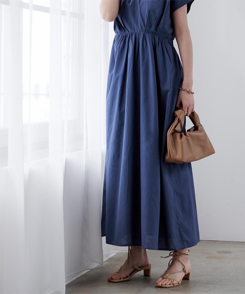 コットンＶネックフレンチスリーブワンピース