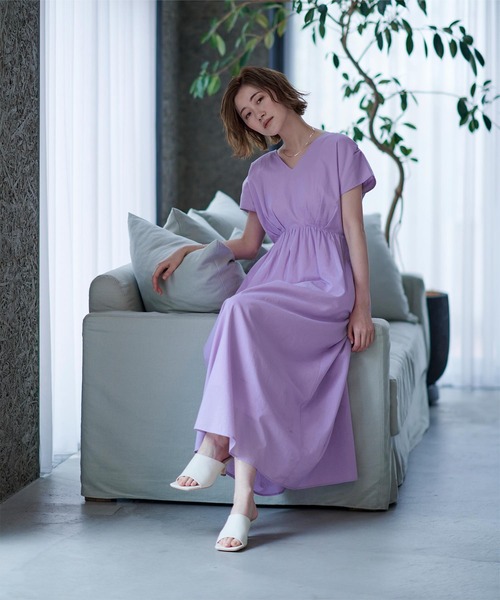 コットンＶネックフレンチスリーブワンピース