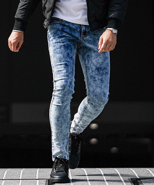 SOMEDIFF（サムディフ）の「【SOMEDIFF】ブラストデニムパンツ メンズ スキニーパンツ デニムパンツ ジーンズ タイト 細身 ジーパン 春服 冬服（デニムパンツ・メンズ・ケミカルウォッシュ/ブラック/ブルー/インディゴブルー・XL/M/L/S）」の4枚目の写真