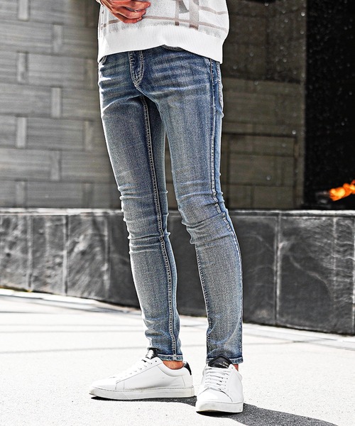 SOMEDIFF（サムディフ）の「【SOMEDIFF】ブラストデニムパンツ メンズ スキニーパンツ デニムパンツ ジーンズ タイト 細身 ジーパン 春服 冬服（デニムパンツ・メンズ・ケミカルウォッシュ/ブラック/ブルー/インディゴブルー・XL/M/L/S）」の6枚目の写真