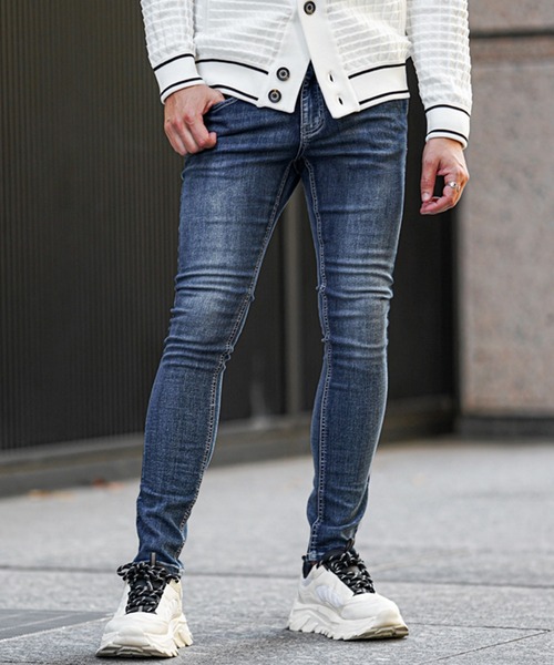 SOMEDIFF（サムディフ）の「【SOMEDIFF】ブラストデニムパンツ メンズ スキニーパンツ デニムパンツ ジーンズ タイト 細身 ジーパン 春服 冬服（デニムパンツ・メンズ・ケミカルウォッシュ/ブラック/ブルー/インディゴブルー・XL/M/L/S）」の21枚目の写真