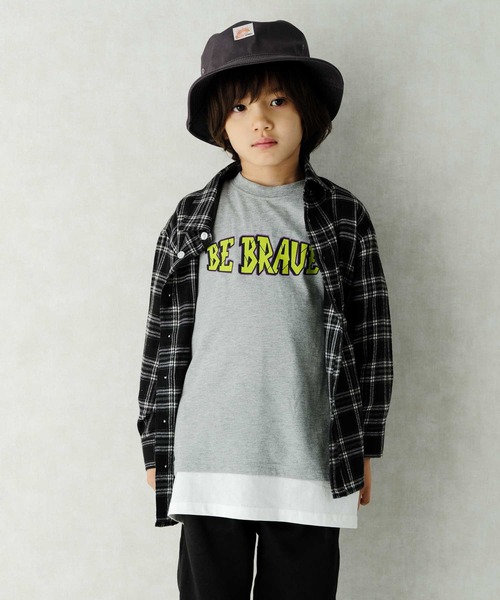 ZI-ON(ジーオン)の「ちょいオーパーサイズネルチェックシャツ(シャツ/ブラウス・キッズ・レッド系その他/グリーン/ホワイト×ブラック/ベージュ/ダークベージュ/レッド・150cm/130cm/120cm/140cm/160cm)」の2枚目の写真