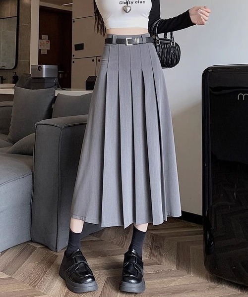 gossip!ロサンゼルス(ゴシップロサンゼルス)の「ベルト付きシンブルカジュアル日常タックプリーツAライン ミディ丈スカート(スカート・レディース・グレー/ブラック/ブラウン/ダークグレー・L/M/S/XS)」の3枚目の写真
