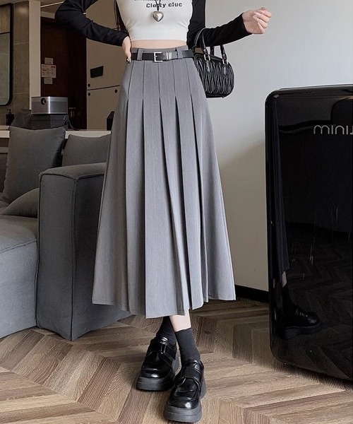 gossip!ロサンゼルス(ゴシップロサンゼルス)の「ベルト付きシンブルカジュアル日常タックプリーツAライン ミディ丈スカート(スカート・レディース・グレー/ブラック/ブラウン/ダークグレー・L/M/S/XS)」の6枚目の写真