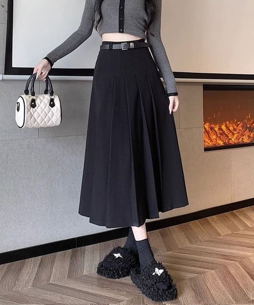 gossip!ロサンゼルス(ゴシップロサンゼルス)の「ベルト付きシンブルカジュアル日常タックプリーツAライン ミディ丈スカート(スカート・レディース・グレー/ブラック/ブラウン/ダークグレー・L/M/S/XS)」の13枚目の写真