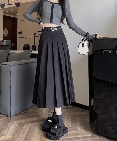 gossip!ロサンゼルス(ゴシップロサンゼルス)の「ベルト付きシンブルカジュアル日常タックプリーツAライン ミディ丈スカート(スカート・レディース・グレー/ブラック/ブラウン/ダークグレー・L/M/S/XS)」の14枚目の写真