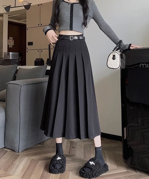 gossip!ロサンゼルス(ゴシップロサンゼルス)の「ベルト付きシンブルカジュアル日常タックプリーツAライン ミディ丈スカート(スカート・レディース・グレー/ブラック/ブラウン/ダークグレー・L/M/S/XS)」の16枚目の写真