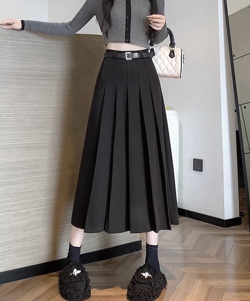 gossip!ロサンゼルス(ゴシップロサンゼルス)の「ベルト付きシンブルカジュアル日常タックプリーツAライン ミディ丈スカート(スカート・レディース・グレー/ブラック/ブラウン/ダークグレー・L/M/S/XS)」の17枚目の写真