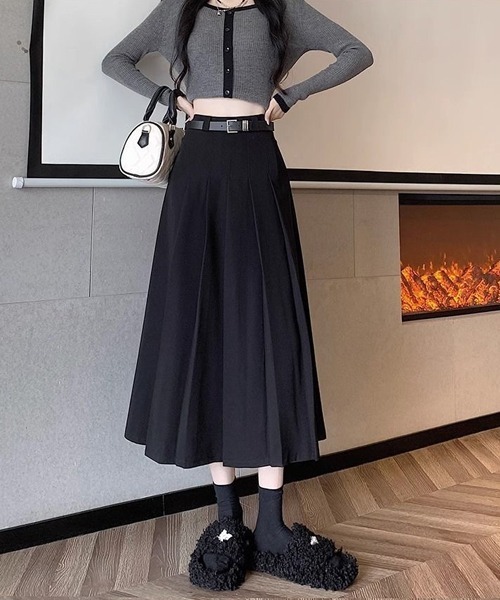 gossip!ロサンゼルス(ゴシップロサンゼルス)の「ベルト付きシンブルカジュアル日常タックプリーツAライン ミディ丈スカート(スカート・レディース・グレー/ブラック/ブラウン/ダークグレー・L/M/S/XS)」の18枚目の写真