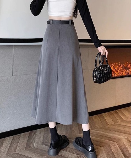 gossip!ロサンゼルス(ゴシップロサンゼルス)の「ベルト付きシンブルカジュアル日常タックプリーツAライン ミディ丈スカート(スカート・レディース・グレー/ブラック/ブラウン/ダークグレー・L/M/S/XS)」の20枚目の写真