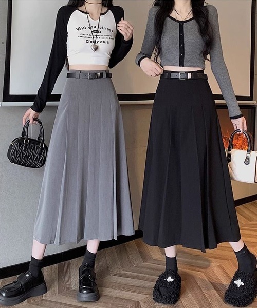 gossip!ロサンゼルス(ゴシップロサンゼルス)の「ベルト付きシンブルカジュアル日常タックプリーツAライン ミディ丈スカート(スカート・レディース・グレー/ブラック/ブラウン/ダークグレー・L/M/S/XS)」の21枚目の写真