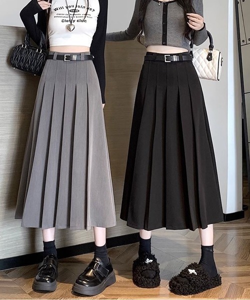 gossip!ロサンゼルス(ゴシップロサンゼルス)の「ベルト付きシンブルカジュアル日常タックプリーツAライン ミディ丈スカート(スカート・レディース・グレー/ブラック/ブラウン/ダークグレー・L/M/S/XS)」の22枚目の写真