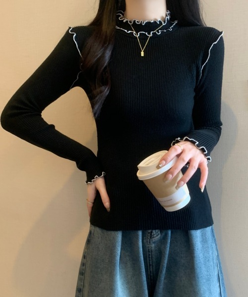 ECLIN(エクラン)の「配色メロウハイネックリブニットトップス(ニット/セーター・レディース・ブラック/グレー/アイボリー・FREE)」の6枚目の写真