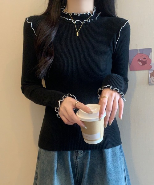 ECLIN(エクラン)の「配色メロウハイネックリブニットトップス(ニット/セーター・レディース・ブラック/グレー/アイボリー・FREE)」の14枚目の写真
