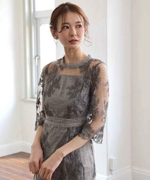 DRESS PLUS（ドレスプラス）の「ワンピース ドレス 総レース ミモレ丈 結婚式 オケージョン（ドレス・レディース・ブルーグレー/ブラック/ラベンダー/チャコールグレー・S/M/L/XL）」の16枚目の写真