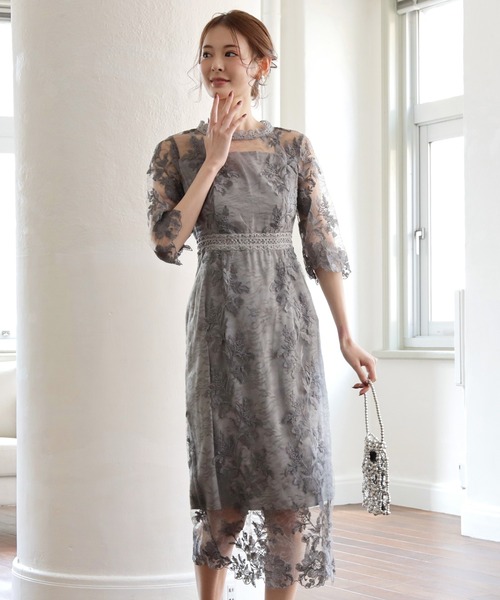 DRESS PLUS（ドレスプラス）の「ワンピース ドレス 総レース ミモレ丈 結婚式 オケージョン（ドレス・レディース・ブルーグレー/ブラック/ラベンダー/チャコールグレー・S/M/L/XL）」の15枚目の写真