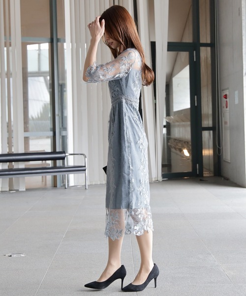 セール】ワンピース ドレス 総レース ミモレ丈 結婚式 オケージョン