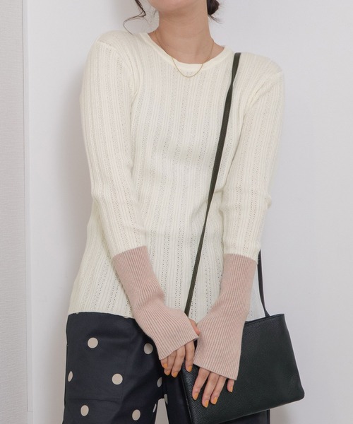 POU DOU DOU（プードゥドゥ）の「バイカラーアームリブニット（ニット/セーター・レディース・ブラック/オフホワイト/グレー/ライトグリーン・3）」の2枚目の写真
