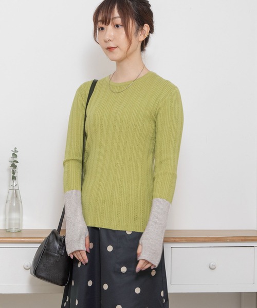 POU DOU DOU（プードゥドゥ）の「バイカラーアームリブニット（ニット/セーター・レディース・ブラック/オフホワイト/グレー/ライトグリーン・3）」の5枚目の写真