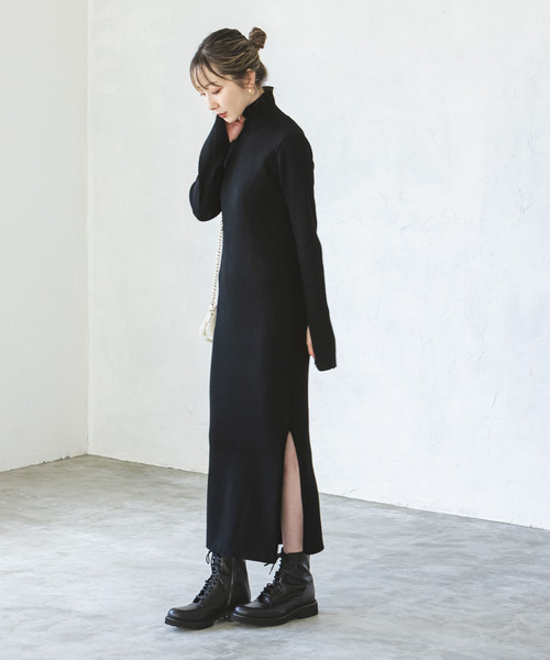 【美品】Nobleノーブル　ニット ロングワンピース 長袖　ブラック　黒 セール】《追加》ナロータイトスリットニットワンピース 2（ワンピース