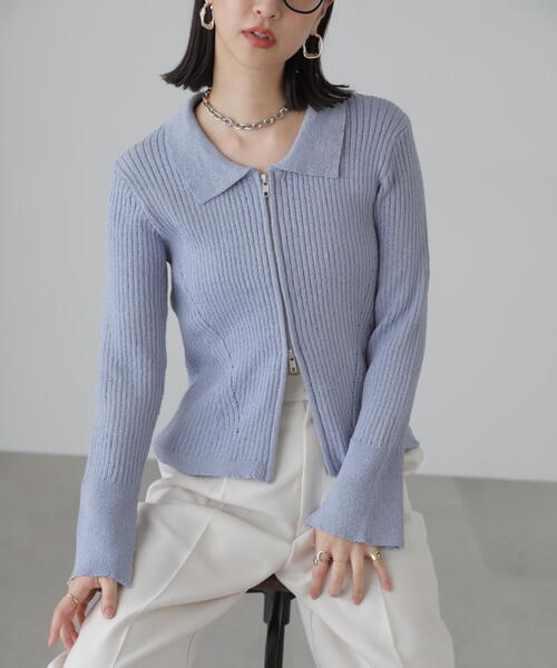 FREE'S MART（フリーズマート）の「◆襟付きダブルジップリブニットカーディガン（ニット/セーター・レディース・ブラック/ブルー/ホワイト・FREE）」の3枚目の写真
