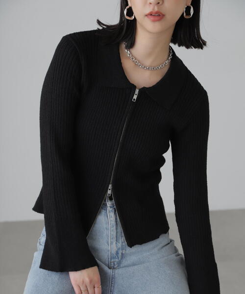 FREE'S MART（フリーズマート）の「◆襟付きダブルジップリブニットカーディガン（ニット/セーター・レディース・ブラック/ブルー/ホワイト・FREE）」の2枚目の写真