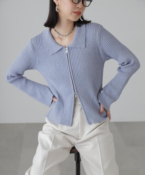 FREE'S MART（フリーズマート）の「◆襟付きダブルジップリブニットカーディガン（ニット/セーター・レディース・ブラック/ブルー/ホワイト・FREE）」の14枚目の写真