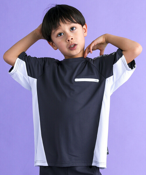 WASK（ワスク）の「【速乾/接触冷感】【お揃い】配色ポケットロゴラグランメッシュTシャツ(100~160cm)（Tシャツ/カットソー・キッズ・ブラック/ブルー・150cm/160cm/110cm/120cm/130cm/140cm/100cm）」の4枚目の写真