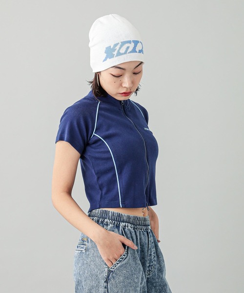 X-girl（エックスガール）の「RACING ZIP UP TOP（Tシャツ