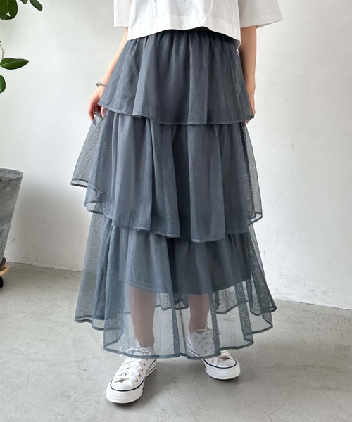 archives（アルシーヴ）の「メッシュフリルティアードスカート（スカート・レディース・グリーン/ブラック/オフホワイト・MEDIUM）」の3枚目の写真