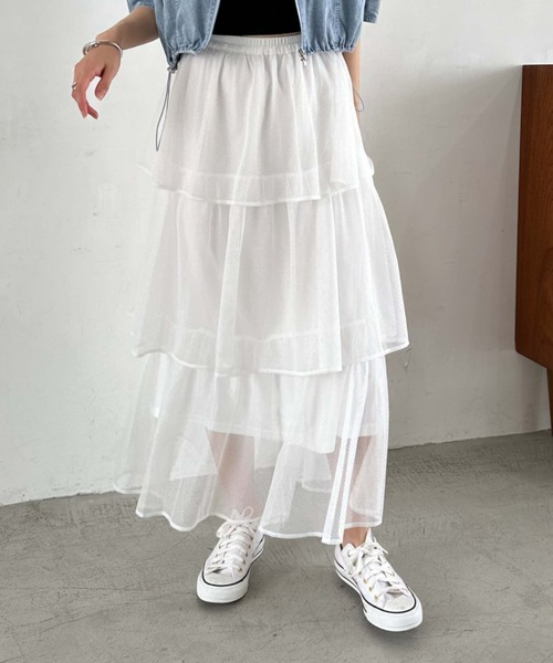 archives（アルシーヴ）の「メッシュフリルティアードスカート（スカート・レディース・グリーン/ブラック/オフホワイト・MEDIUM）」の4枚目の写真