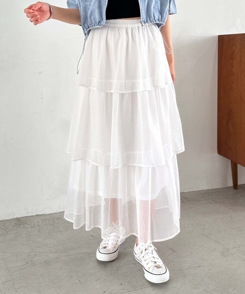 archives（アルシーヴ）の「メッシュフリルティアードスカート（スカート・レディース・グリーン/ブラック/オフホワイト・MEDIUM）」の6枚目の写真