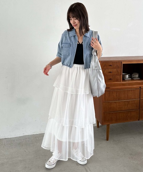 archives（アルシーヴ）の「メッシュフリルティアードスカート（スカート・レディース・グリーン/ブラック/オフホワイト・MEDIUM）」の7枚目の写真