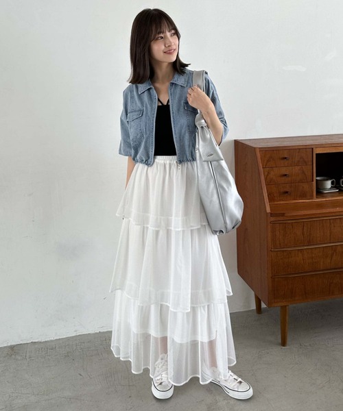 archives（アルシーヴ）の「メッシュフリルティアードスカート（スカート・レディース・グリーン/ブラック/オフホワイト・MEDIUM）」の9枚目の写真