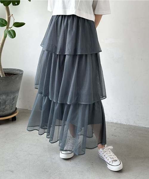 archives（アルシーヴ）の「メッシュフリルティアードスカート（スカート・レディース・グリーン/ブラック/オフホワイト・MEDIUM）」の17枚目の写真