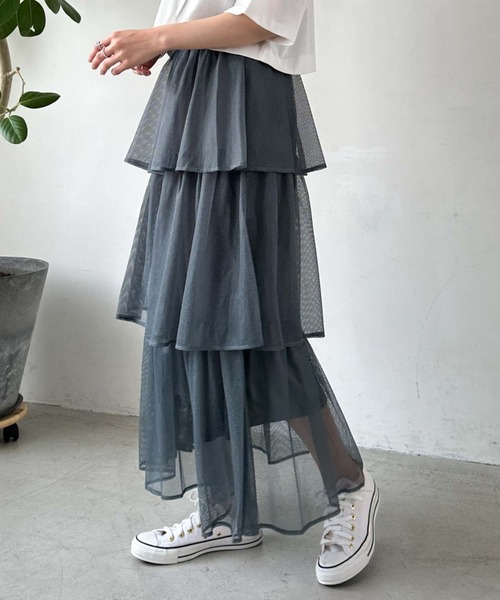 archives（アルシーヴ）の「メッシュフリルティアードスカート（スカート・レディース・グリーン/ブラック/オフホワイト・MEDIUM）」の18枚目の写真