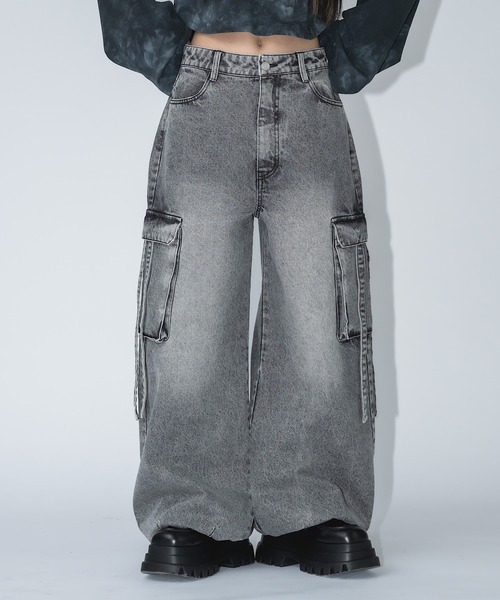 ルーズデニムカーゴ ARCADE ジーンズ クラッシュダメージ加工 ルーズフレア デニム