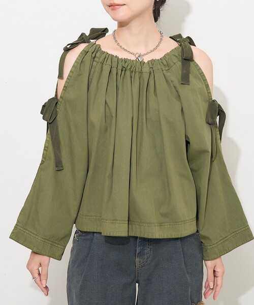 FREAK'S STORE(フリークスストア)の「ピグメント 肩リボントップス(Tシャツ/カットソー・レディース・オリーブ/チャコール・フリ-)」の15枚目の写真