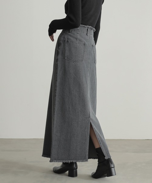 セットアップ対応]裾フリンジデニムロングスカート【オーガニック