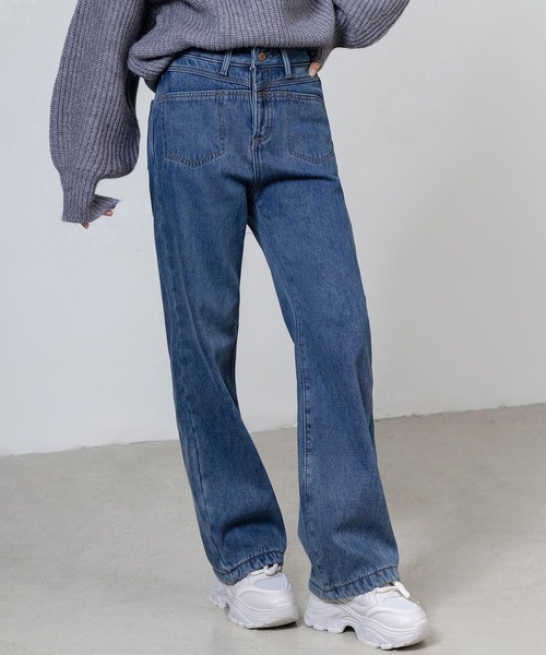 セール】レディース 裏起毛スマートストレートデニムパンツ（デニム